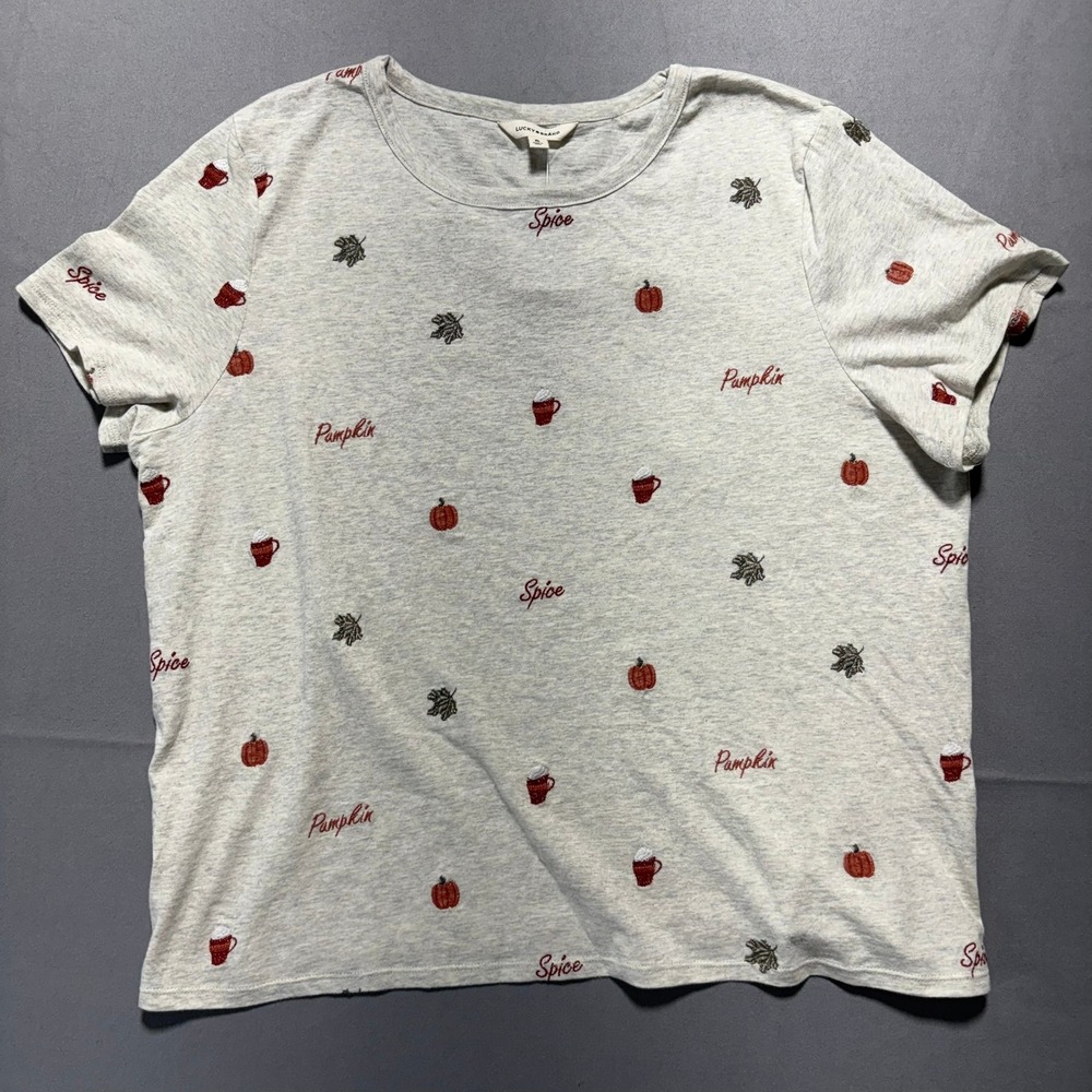 Lucky Brand Womens XL Gray Pumpkin Spice Embroidered Short Sleeve T-Shirt Fall